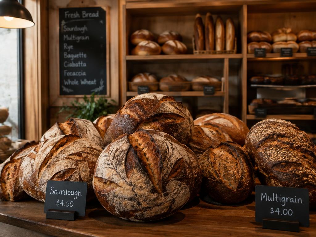 Dark sourdough loaves on a bakery counter