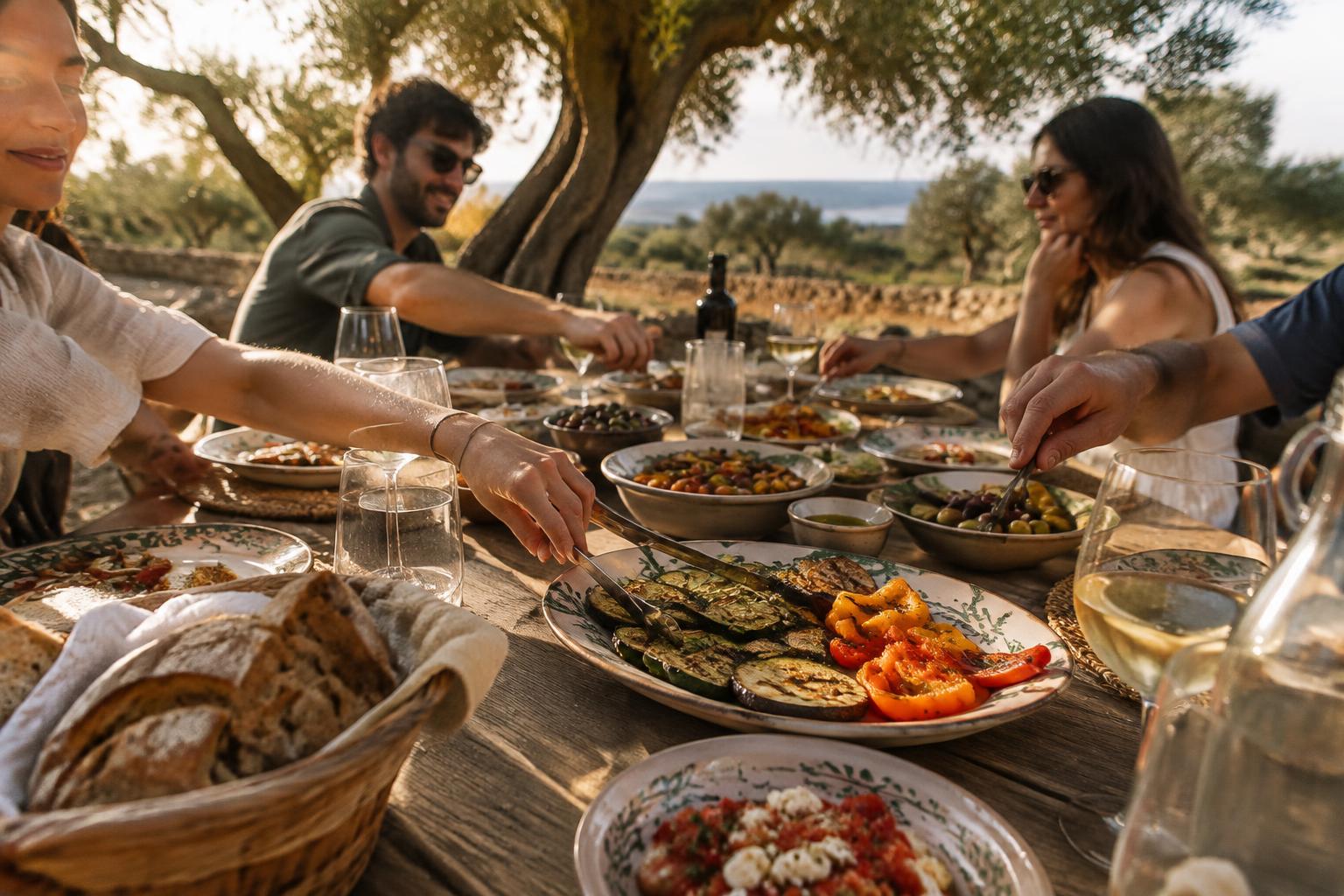 A long wooden table under olive trees with grilled vegetables and bread, hands reaching for food