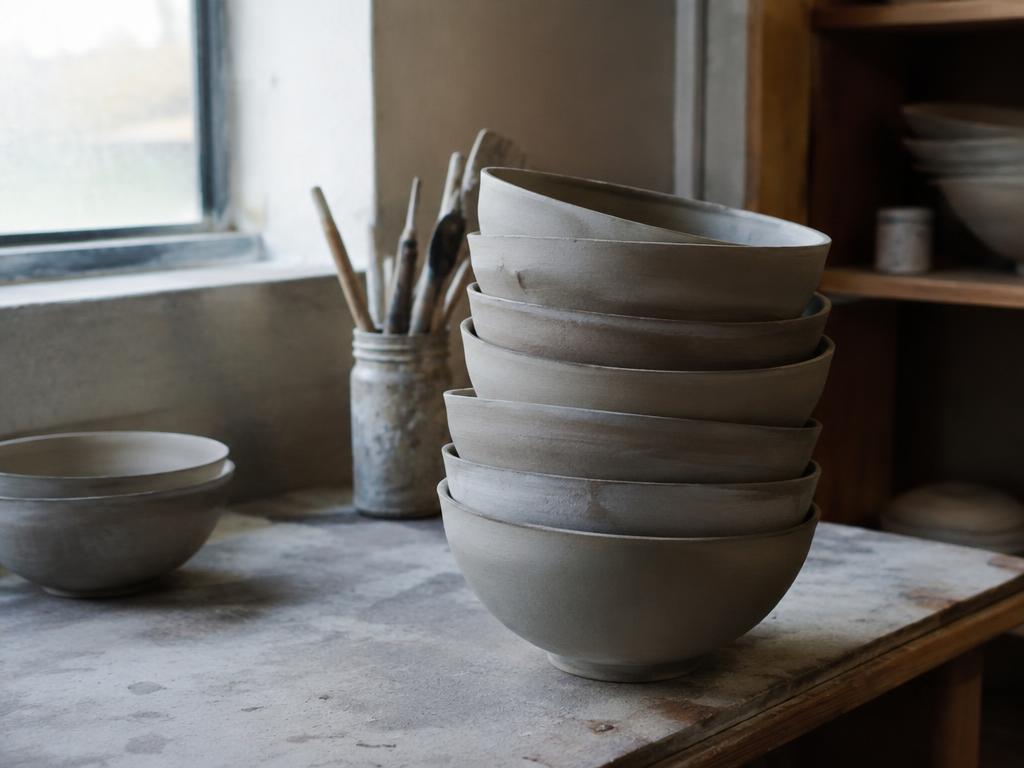 A stack of ceramic bowls in a pottery studio