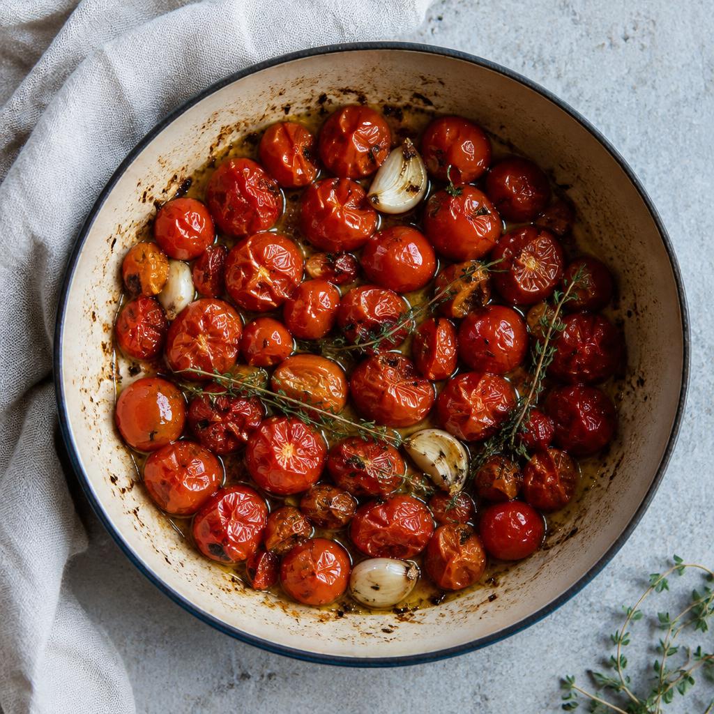 A pan of slow roasted tomatoes with garlic and thyme