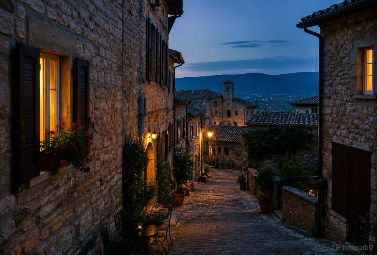 A narrow cobbled street in a hill town at blue hour